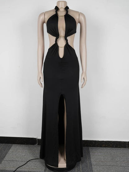 Beyprern New Chic Halter Scollo a V O Rings Abito lungo maxi Glam Donna Sexy Backless Increspato Abiti da festa con spacco alto Abiti di compleanno