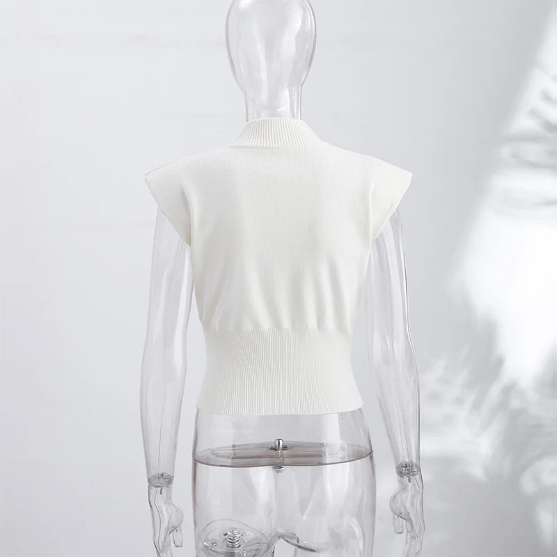 Cardigan in maglia da donna senza maniche con spalline imbottite, collo alto a metà, doppia cerniera, corto, aderente, tinta unita, top di tendenza per la strada
