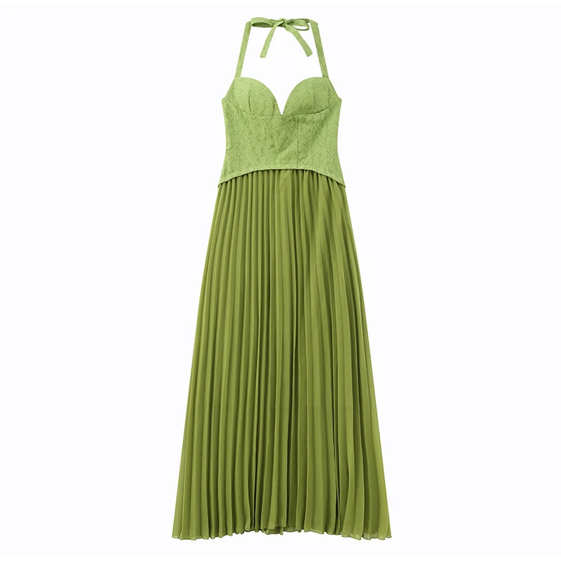 Chic Green Fishbone Halter Abito lungo Lady Solid Sexy Backless Pieghettato Off-spalla Abiti a trapezio 2025 nuovo abito da festa di Natale