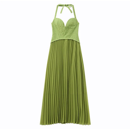 Chic Green Fishbone Halter Abito lungo Lady Solid Sexy Backless Pieghettato Off-spalla Abiti a trapezio 2025 nuovo abito da festa di Natale