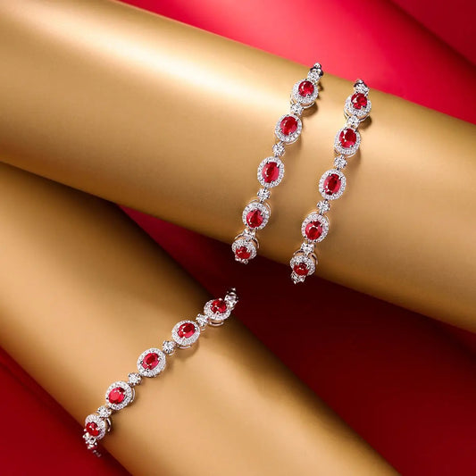 Bracciale in argento 925 con diamanti tempestati di rubini Bracciale ovale in stile trendy squisiti braccialetti rossi di fascia alta gioielli da sposa regali donna