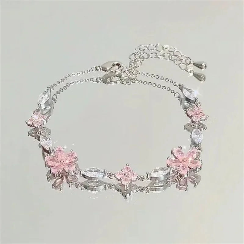Braccialetti con fiori di ciliegio in cristallo rosa brillante per donne e ragazze, braccialetto con fiore a luna dolce e zirconi, gioielli estetici da festa