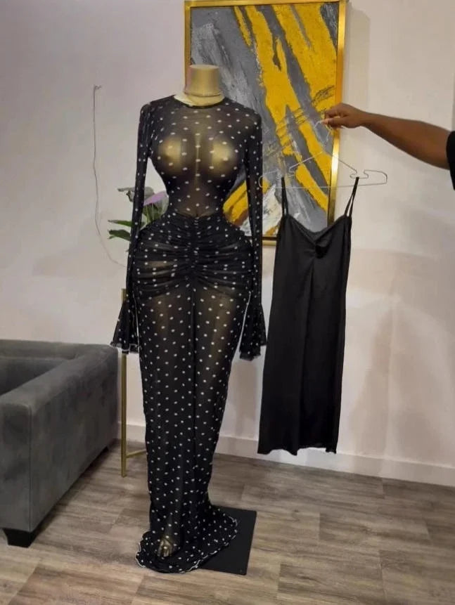 CM.YAYA Abito lungo aderente da donna a maniche lunghe in rete increspata trasparente con fodera 2025 Abiti da festa sexy per compleanno da sera autunnale