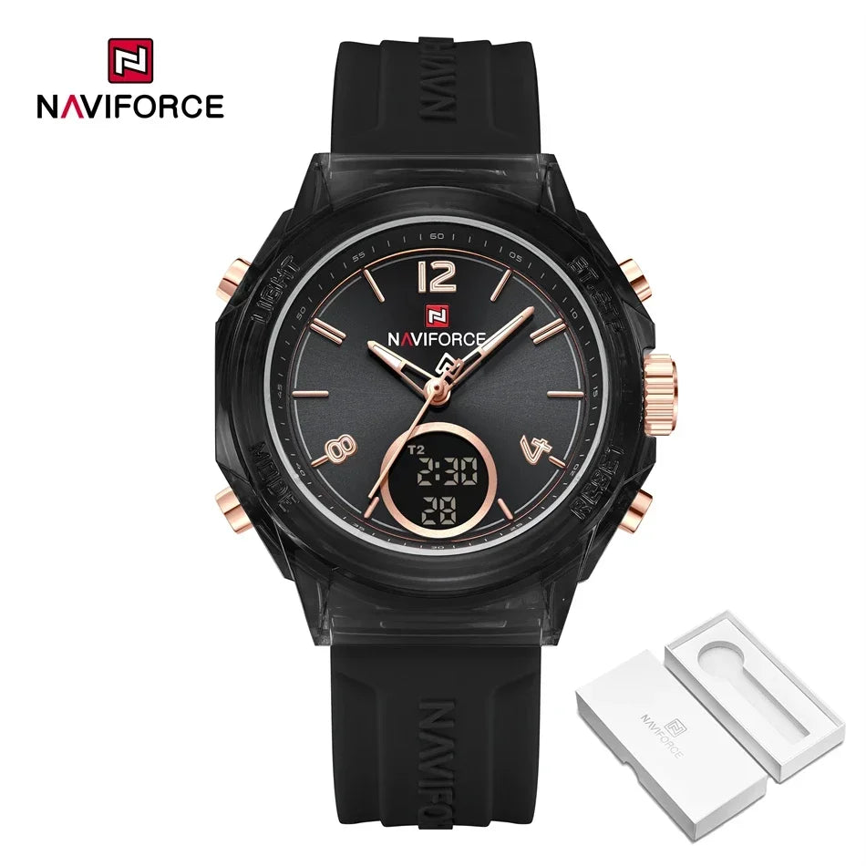 NAVIFORCE Orologio da donna di lusso Orologio sportivo all'aria aperta in oro Orologi impermeabili Doppio display dell'ora Orologi da polso al quarzo Orologio digitale in gomma