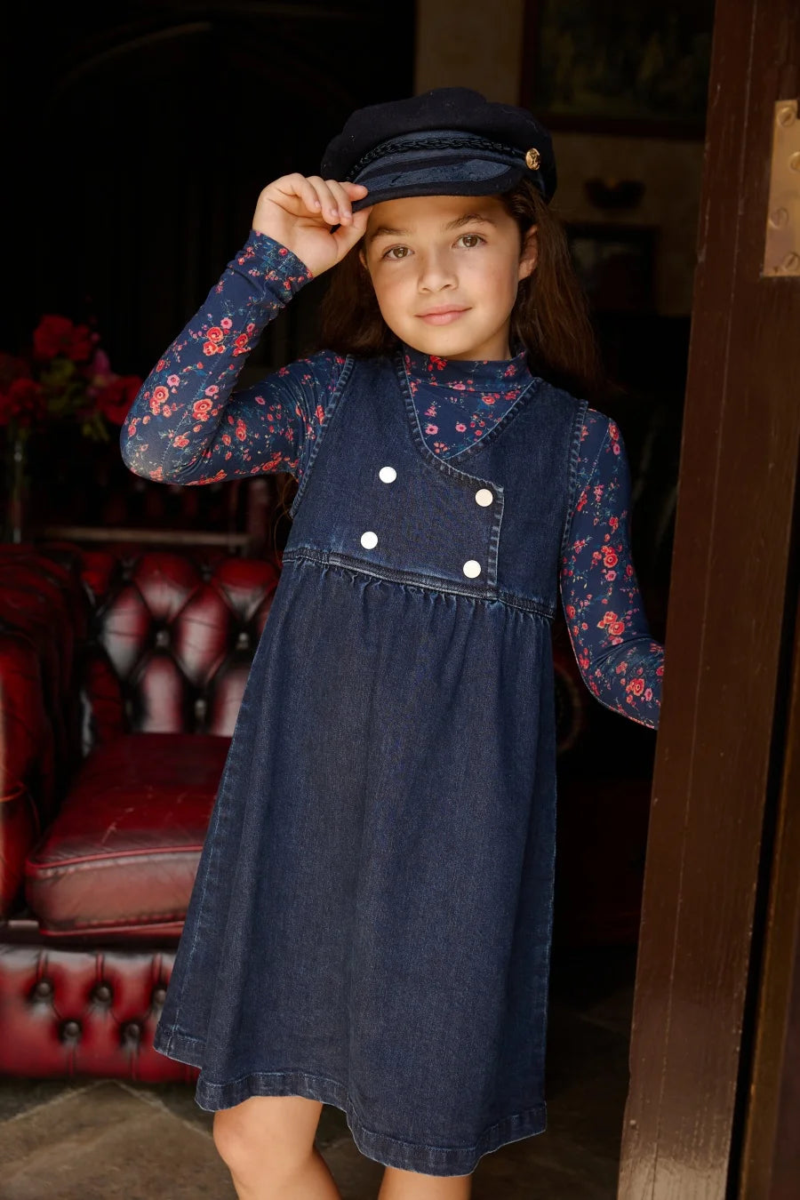 (Spedizione in 1 giorno) Collezione AW26 Denim Varsity, felpa in denim blu navy con ricami, tessuto per l'abbigliamento da giorno, abbigliamento per fratelli e sorelle