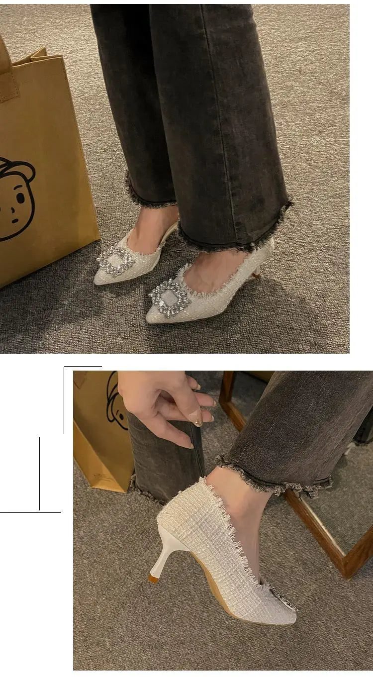 Stiletto Heels 2024 White Wedding Shoes Fashion Pointy Square Button Rhinestone Sandals Temperament Women's Women's Shoes
