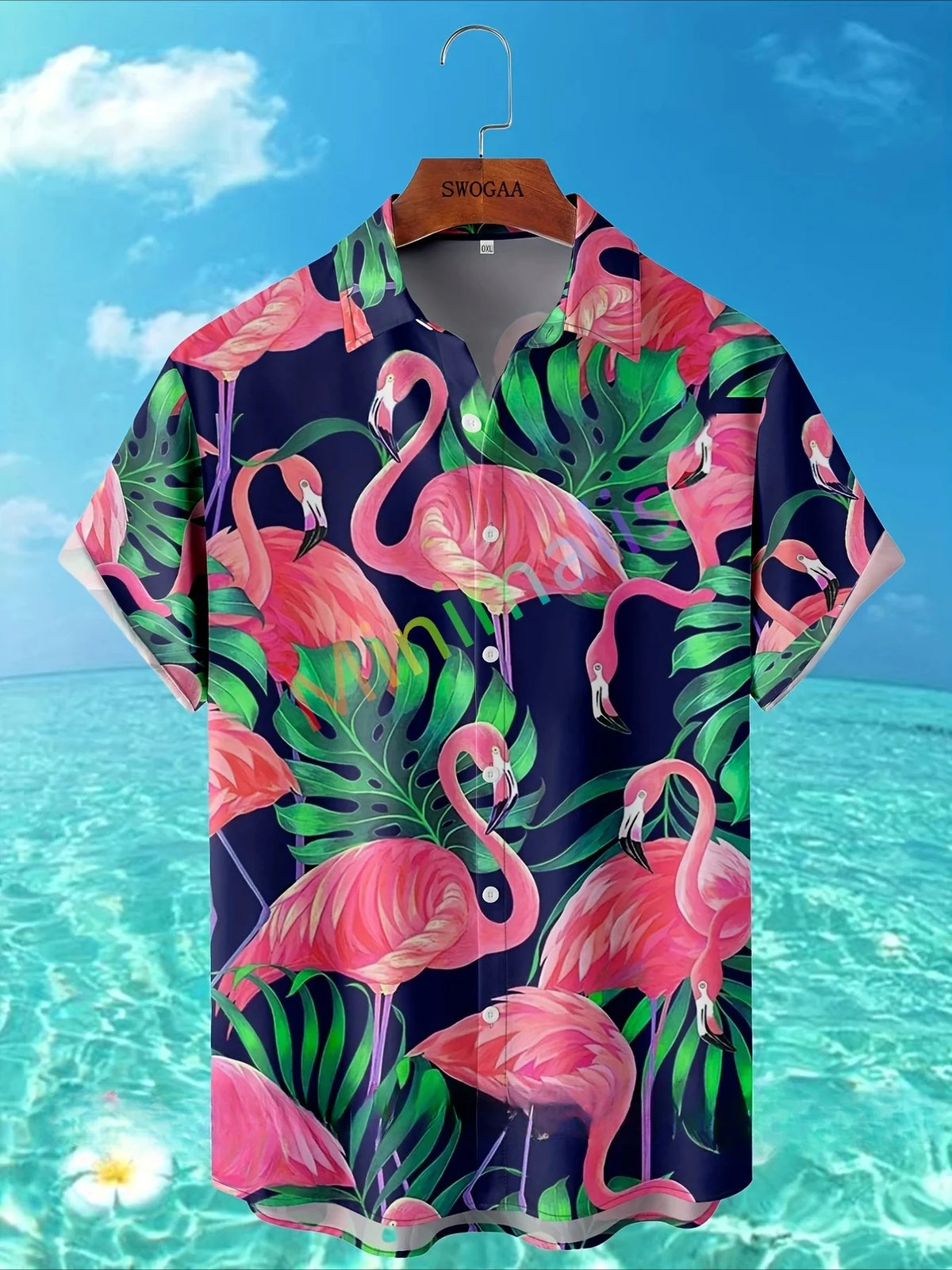2025 Camicia con stampa foglia e fenicottero per uomo Camicia hawaiana Casual Beach Manica corta Moda Top Camicetta maschile Abbigliamento estivo