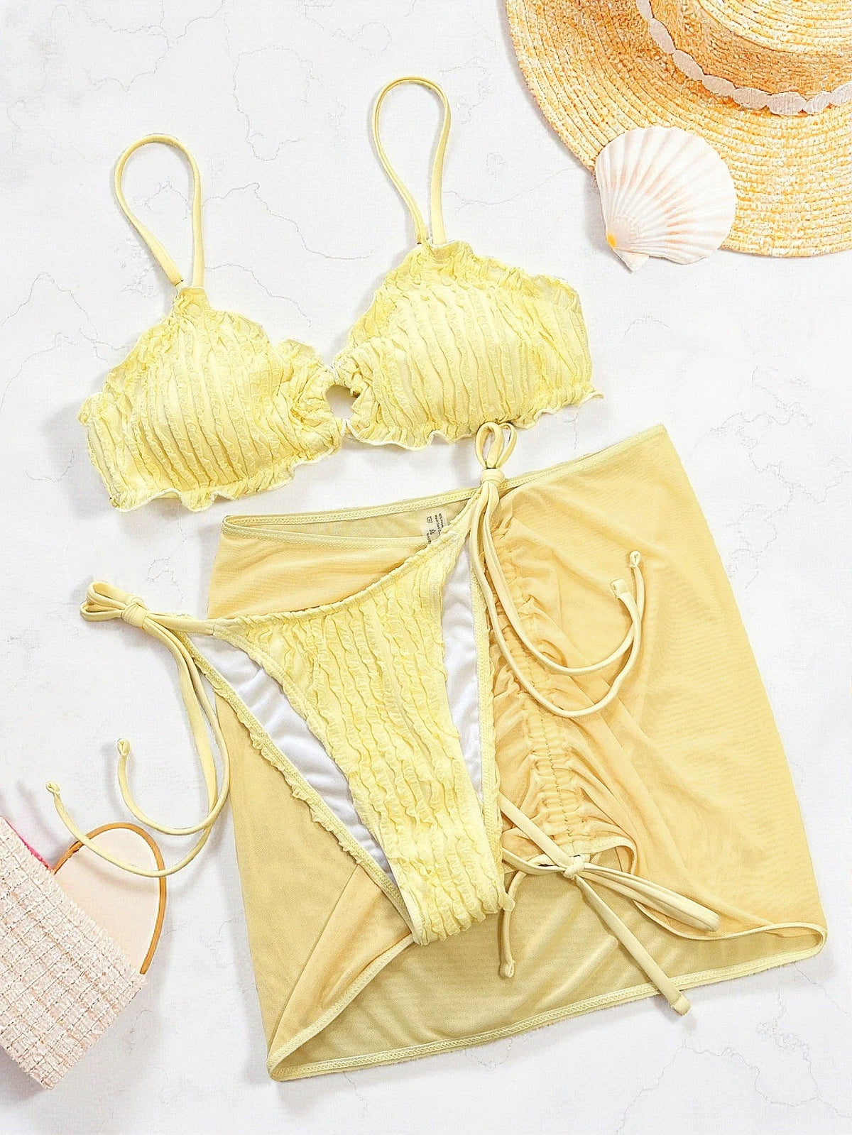 3 Pieces Bikini 2026 Sexy Women Swimsuit Swimwear Female Bikini Set Solid Ruffle Bathing Suit Swimming Suit Cover Ups Beachwear