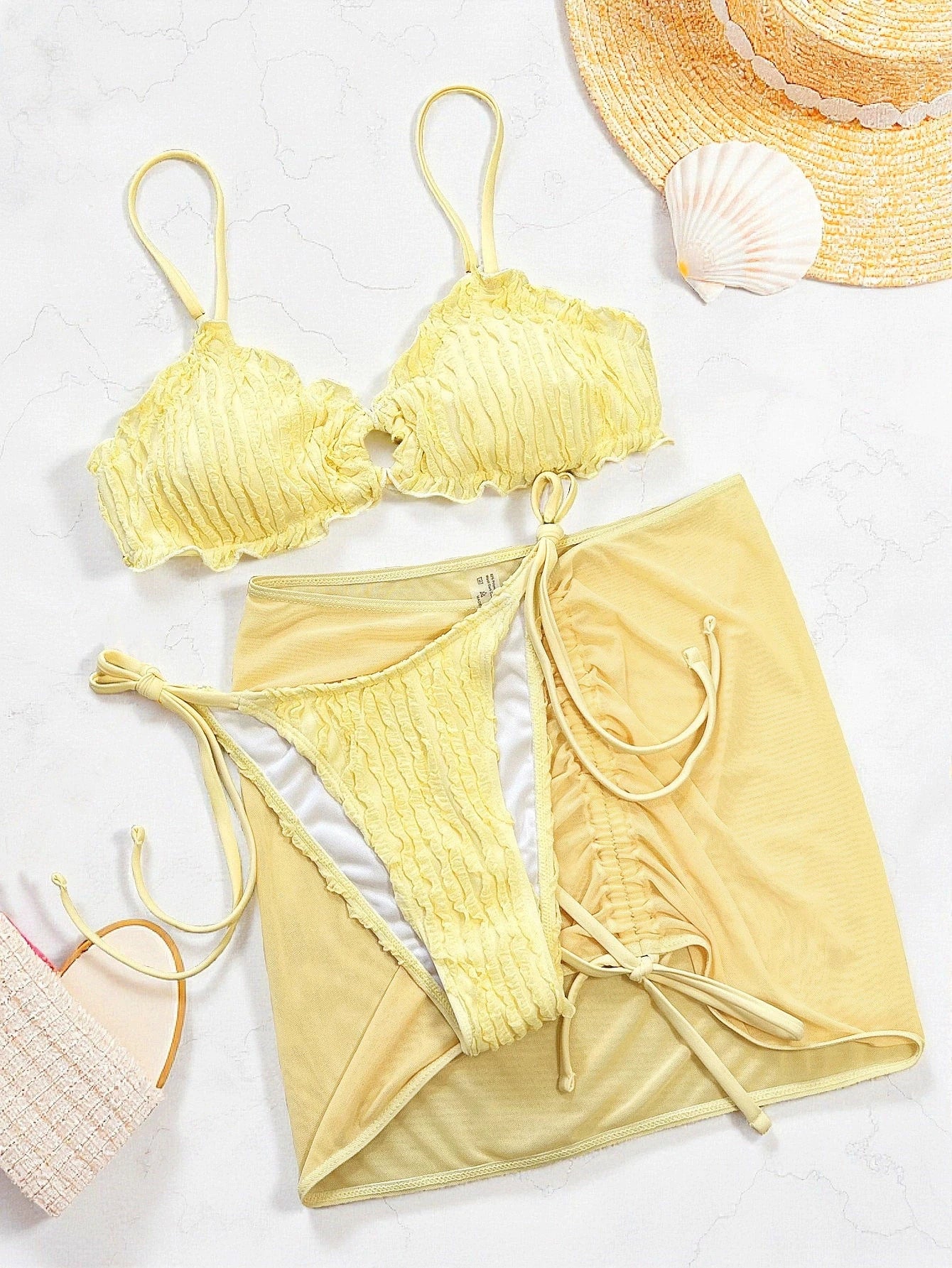 Ensemble de bikini 3 pièces 2026 sexy pour femme, maillot de bain, bikini, ensemble de bikini solide à volants, maillot de bain, cache-maillot de plage