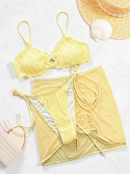 3 Pieces Bikini 2026 Sexy Women Swimsuit Swimwear Female Bikini Set Solid Ruffle Bathing Suit Swimming Suit Cover Ups Beachwear