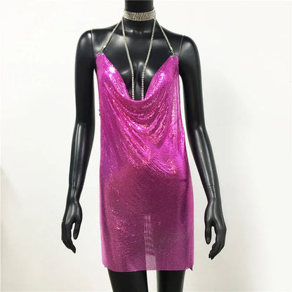 AKYZO Mini abito patchwork con paillettes dorate sexy Donna senza maniche Taglio basso Catene di metallo Halter Slim Abiti da festa da discoteca affascinanti