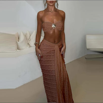 Sexy Solid Hollow Out Swimsuits Outfits Casual Beach Vacation Bathing Suit Set Summer Lace Jacquard Bra&Half Skirts Bikini Sets