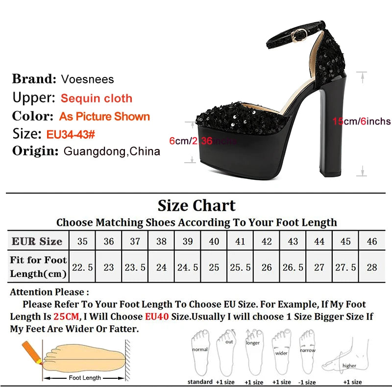 Sandali a punta neri con cinturino alla caviglia sexy per le donne Piattaforma estiva 15CM Scarpe eleganti da festa con paillettes lucide Tacchi alti vuoti laterali neri