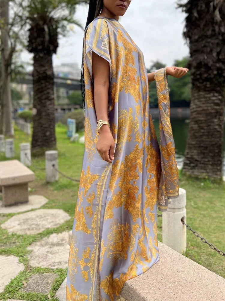 Di lusso Morbido Stampa Musulmana Abaya Donne Maniche Corte Imitato Raso di Seta Abito Lungo Allentato Femme Robe Islam Abiti Con Hijab