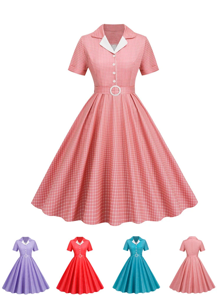 Plaid Vintage Office Lady Abiti estivi Donna 2026 Moda Retro 50s 60s 70s Swing Pinup Rockabilly Party Dress Robe Abiti