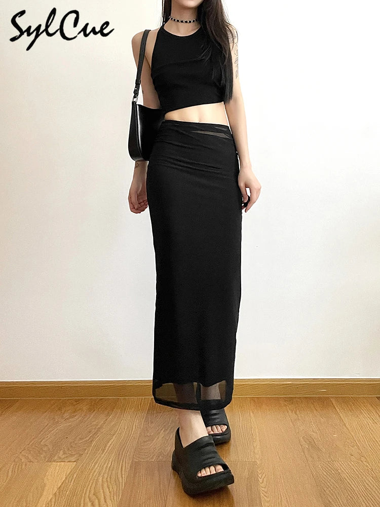 Sylcue Nero Semplice Tutto-fiammifero Casual Pendolari Estate Viaggi di Strada Fresco Gioventù Vitalità Stretto Sexy Gonna da Donna ad Alta Elasticità