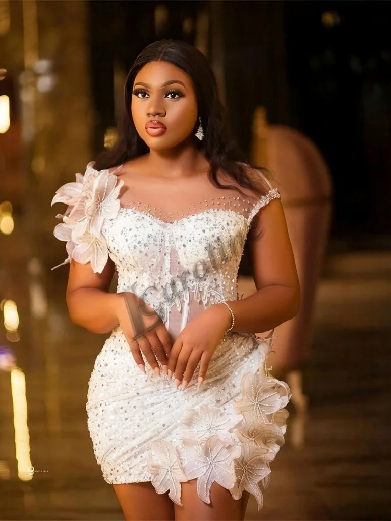 Caroline Bling Paillettes Abiti da ballo per le donne Pieghettato Fiori 3D Dubai Abito da sera formale Vestido De Formatura Personalizzato