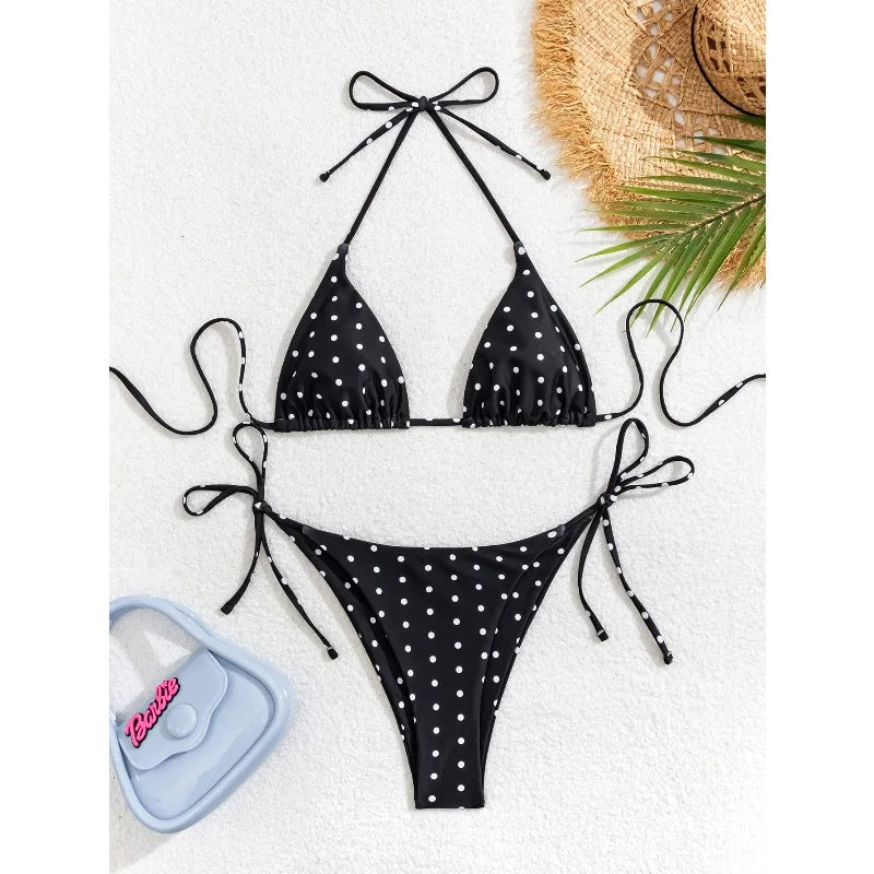 Ensemble bikini deux pièces sexy imprimé léopard Soutien-gorge triangle Bretelles dos nu Ensemble de maillots de bain à lacets pour les vacances à la plage