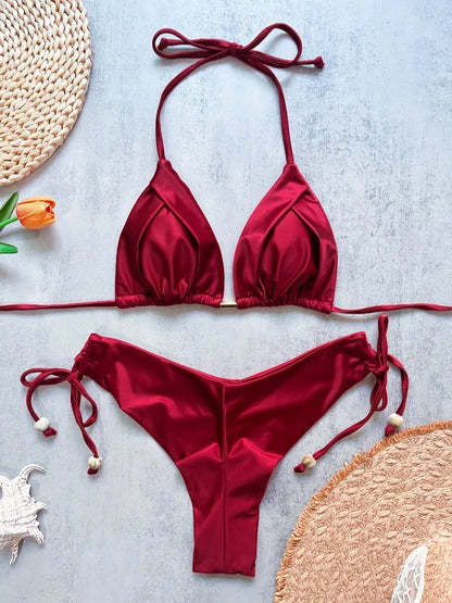 Solid color sexy swimsuit women's new bikini blue beachwear split Brazilian bikini set