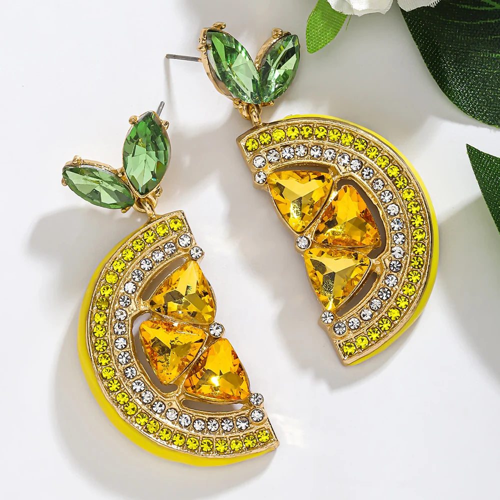Summer Colorful Rhinestone Lemon Earrings Vacation for Women Gift Beach Trend Fruit Crystal Dangle Earrings Cute Party Jewelry