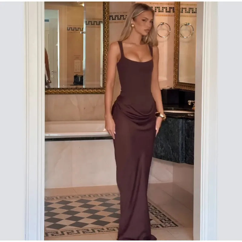 Elegante abito a pieghe con fionda Donna Collo quadrato senza maniche con spalle scoperte Vita stretta Abiti solidi 2025 Abiti da sera da donna