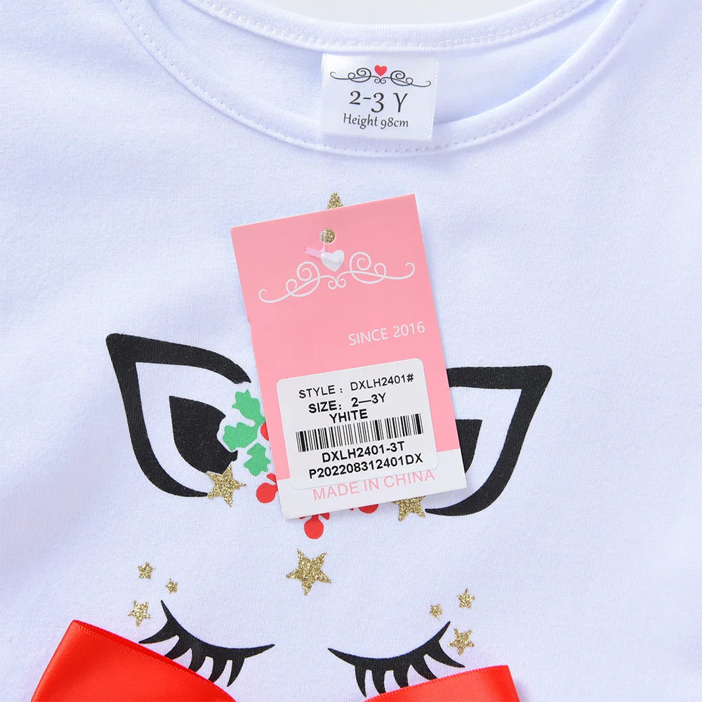 VIKITA Abito da bambina con unicorno natalizio Abito da tutù con stampa fiocco di neve a maniche lunghe per bambini con gonna in tulle a strati rosso verde per Natale