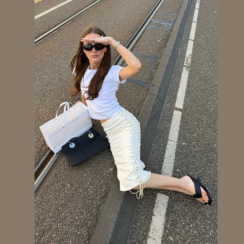 Gonna midi da donna con lacci a doppia faccia, occhielli metallici e laccetti incrociati, modello a tubino aderente, vita alta, stile streetwear, lunghezza al polpaccio