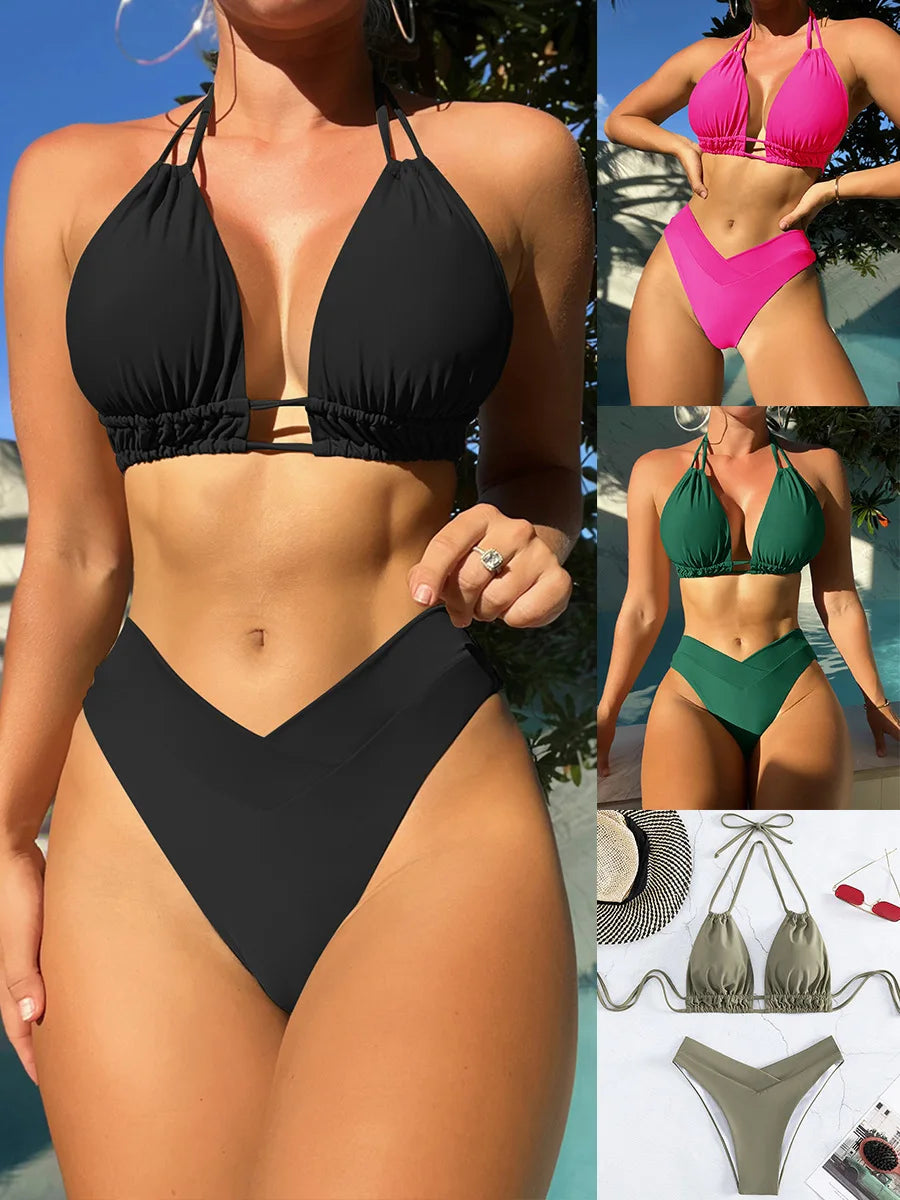 Costume da bagno bikini solido in nylon Costume da bagno sexy con modellazione di moda da donna 2025 Nuovo stile da spiaggia per costume da bagno