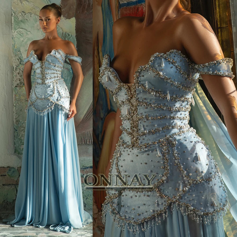 Abiti da sera sexy personalizzati con perle blu lunghi per le donne Maxi cristalli Dubai Saudi Abiti da festa Abito da gala su misura Plus