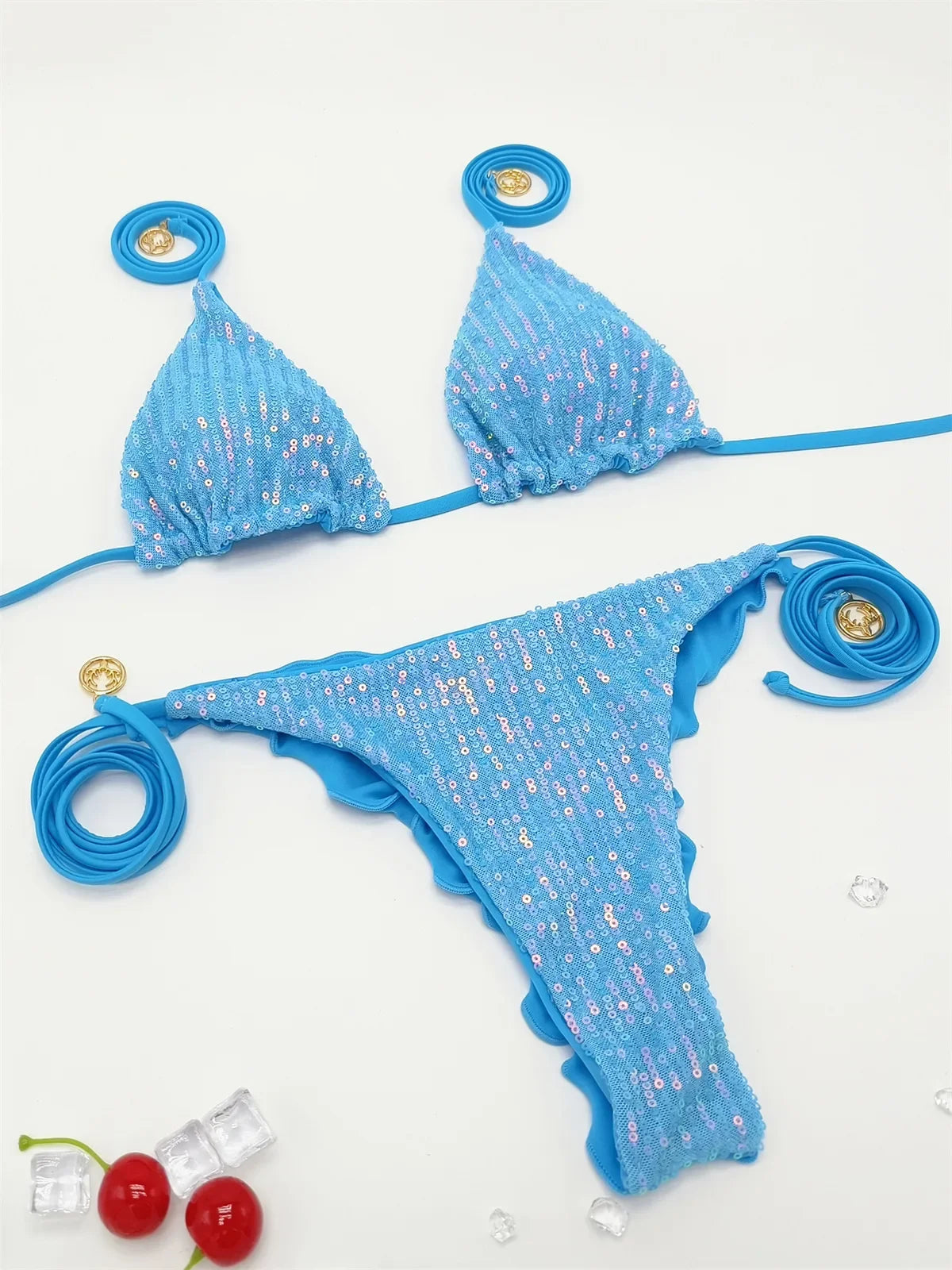 Solid Bikini Sexy Swimsuit Halter Swimwear Bathing Suit Women  Bikini Set Beach Wear Shiny Bikni Sets