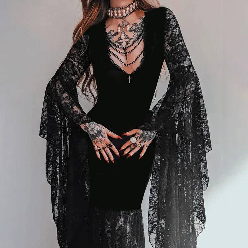 Y2K Goth floreale pizzo maglia manica svasata aderente abiti da festa sexy vintage elegante velluto nero con scollo a V abito lungo partywear