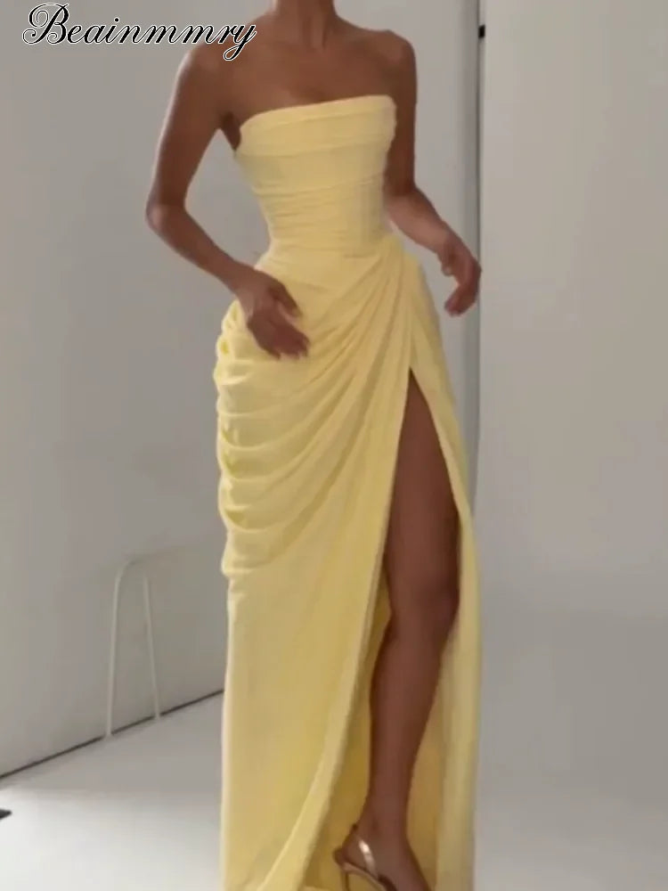 Abito da sera elegante da donna sexy, monocolore, plissettato, senza spalline, scollo a V, spalle scoperte, senza schienale, vita alta, con spacco, 2026