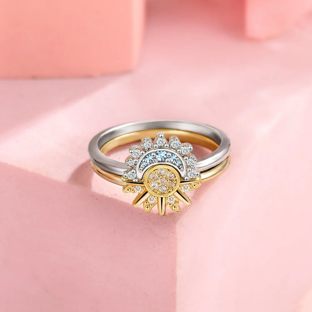 Set di anelli per coppia in argento 925 con sole e luna Anelli con zirconi scintillanti blu cielo Promessa di gioielleria raffinata Regali per San Valentino