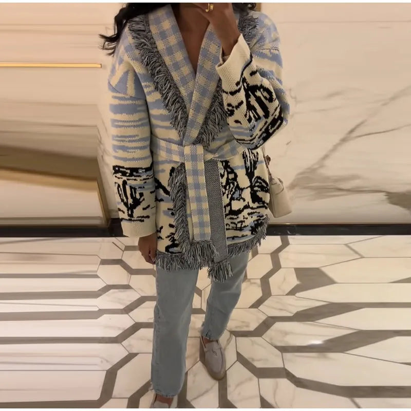 Cardigan lavorato a maglia con frange a fiori da donna Moda scollo a V manica lunga bottoni corti Cappotto casual Lady 2025 Autunno Chic Capispalla