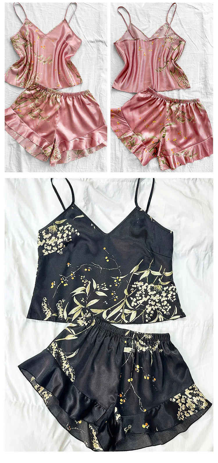 Plus Size 3XL 4XL 5XL Pigiama 2 pezzi Set cinturino sexy Top e pantaloncini Pigiama Completo Lingerie Estate Indumenti da notte in raso Stampa fiore Homewear