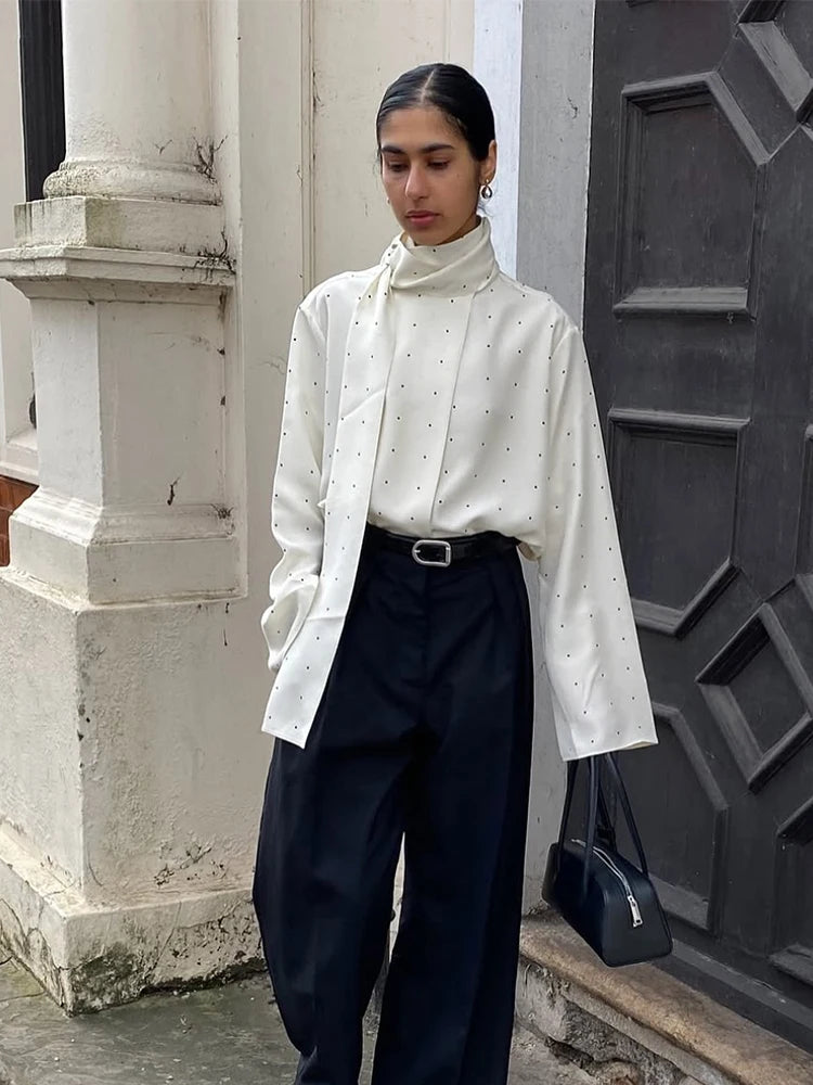 Eleganti Camicette da Donna con Sciarpa a Pois, Camicie a Maniche Lunghe e Vestibilità Ampia, Nuove Camicette Casual da Ufficio per il 2026, Top da Donna in Bianco, Nero e Marrone