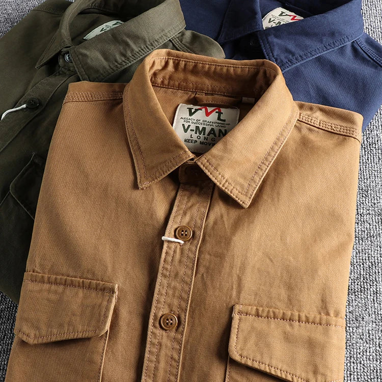 Autunno nuova camicia da lavoro in tinta unita kaki con lavaggio retrò 204 giacca ampia da uomo con tasca tridimensionale