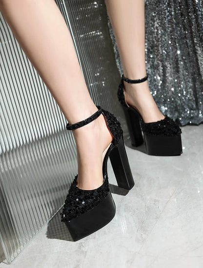 Sandali a punta neri con cinturino alla caviglia sexy per le donne Piattaforma estiva 15CM Scarpe eleganti da festa con paillettes lucide Tacchi alti vuoti laterali neri