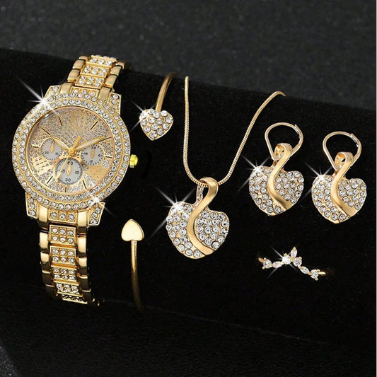 Montre à quartz pour femmes, bracelet de luxe en or, collier, boucles d'oreilles, strass, montre-bracelet tendance, montres décontractées pour dames, ensemble de bijoux