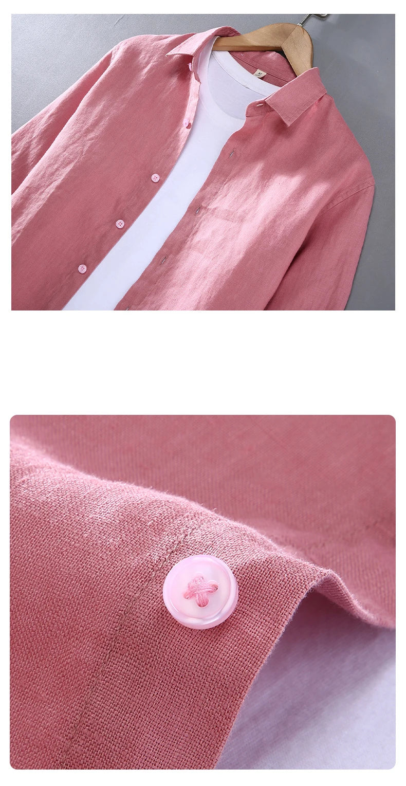 Camicia a maniche lunghe in lino 100% per uomo Primavera Autunno Moda Buona qualità Tinta unita Sottile e traspirante Camicetta con risvolto sano Top maschile