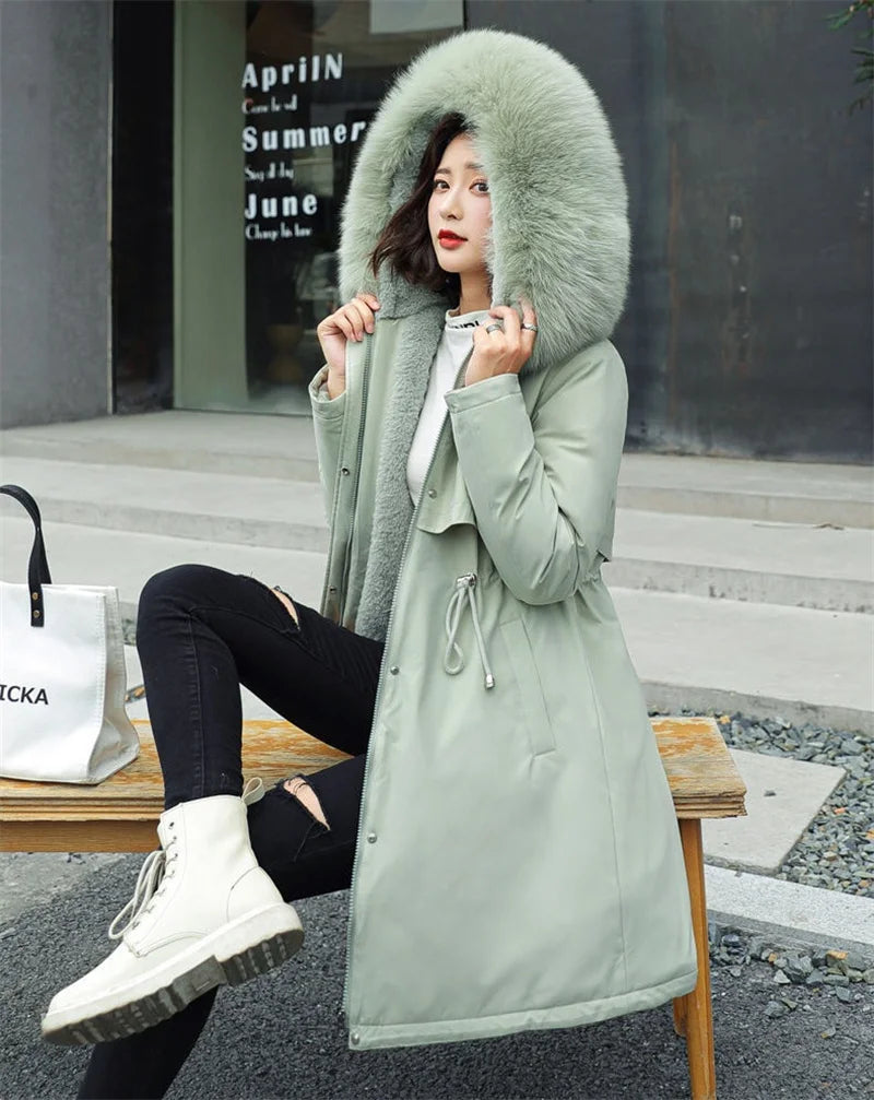 Giacca Invernale 2026 Nuova Parka da Donna Cappotto Lungo con Fodera in Lana Giacca con Cappuccio Collo in Pelliccia Spessa e Calda Abbigliamento da Neve Parka Imbottito 6XL