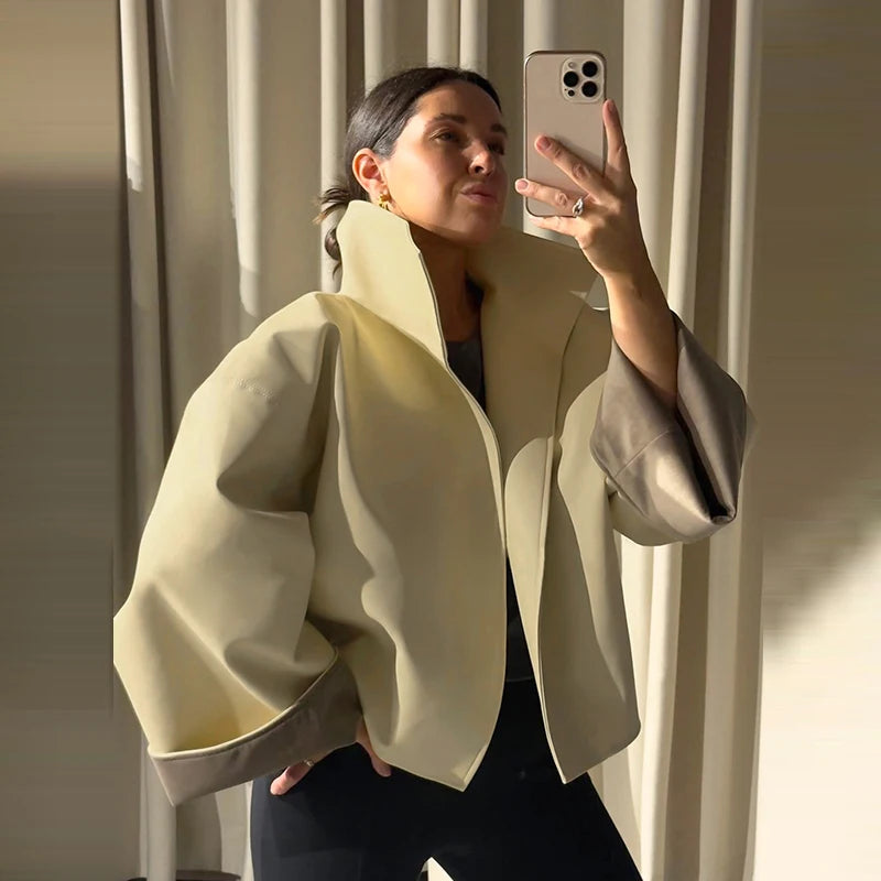 Cappotto da donna ampio a tinta unita, a maniche lunghe, con collo alto, top corto, moda estiva autunnale 2026, capospalla femminile streetwear
