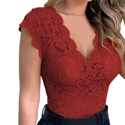 Débardeur d'été sexy en dentelle à col en V pour femmes, gilet de couleur unie, débardeur sans manches, t-shirt élégant et moulant avec broderies florales pour le club