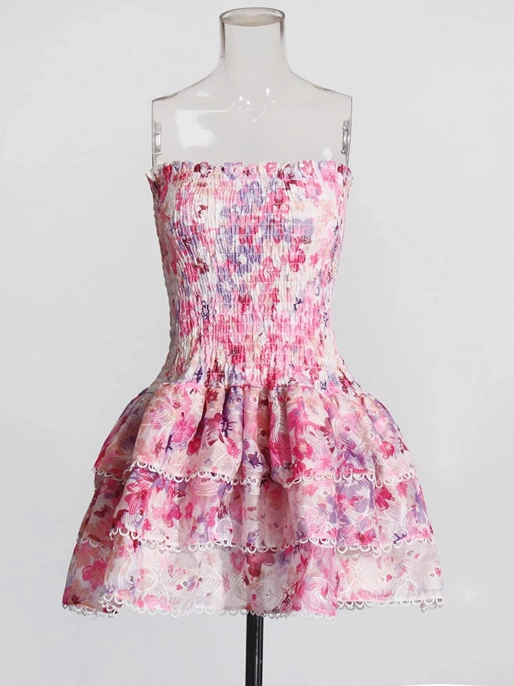 TWOTWINSTYLE Abito sexy con orlo a strati tagliato per le donne Mini abiti a vita alta senza spalline senza maniche con spalle scoperte Abbigliamento femminile