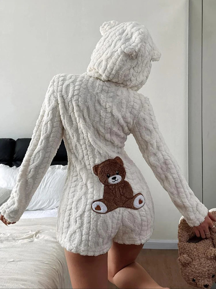 Tuta Corta Calda con Motivo Orsetto Cartoon Trendy, in Peluche e Flanella con Cappuccio, per Donna, Nuova Collezione Autunno Inverno, Outfit Comodo