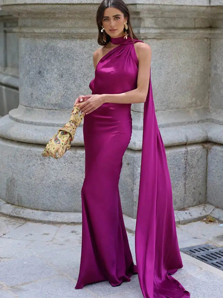 Sciarpa a nastro Halter Abito da donna Spalla inclinata Raso di seta Slim Fit Streamer Grandi abiti sexy senza schienale Abiti lunghi da donna Estate