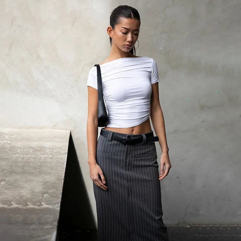 Summer New Women T-shirt Sexy Short Sleeve Solid Fashion Tees Slash Neck Folds Crop Top Casual Streetwear Bodycon Female T-shirt