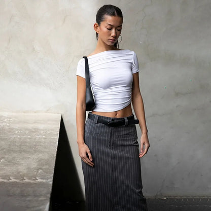 Summer New Women T-shirt Sexy Short Sleeve Solid Fashion Tees Slash Neck Folds Crop Top Casual Streetwear Bodycon Female T-shirt