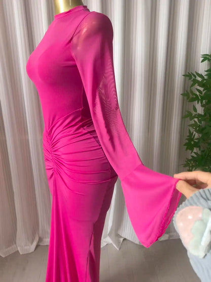 CM.YAYA Abito lungo da donna a sirena con maniche lunghe a campana, scollo a O, arricciato, in rete, sexy, per feste e serate, Collezione 2026