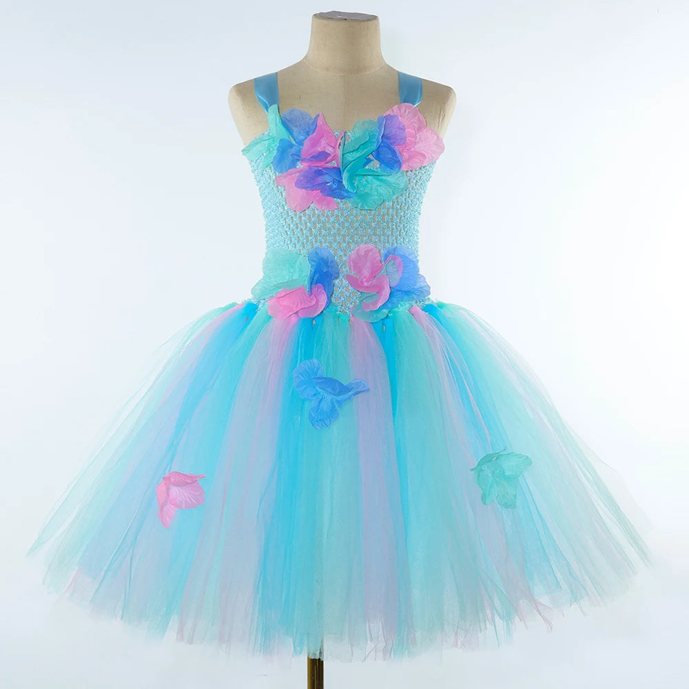 Costumi da fata dei fiori turchese per ragazze Abiti da principessa fata farfalla con ali Bacchetta per bambini Vestito da tutù di carnevale di Halloween